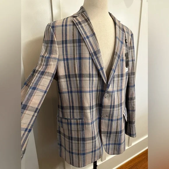 LAUREN Ralph Lauren Lassiter 100% Linen Blue, Brown and Tan Plaid Blazer, 46R - Picture 1 of 11